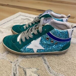 GOLDEN GOOSE Mid Star Womens Sneakers Size 38 Teal Suede Blue Glitter